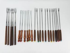 Vintage 23 Pc Fondue Fork Skewer Set Stainless Steel Wood Handles Japan Taiwan